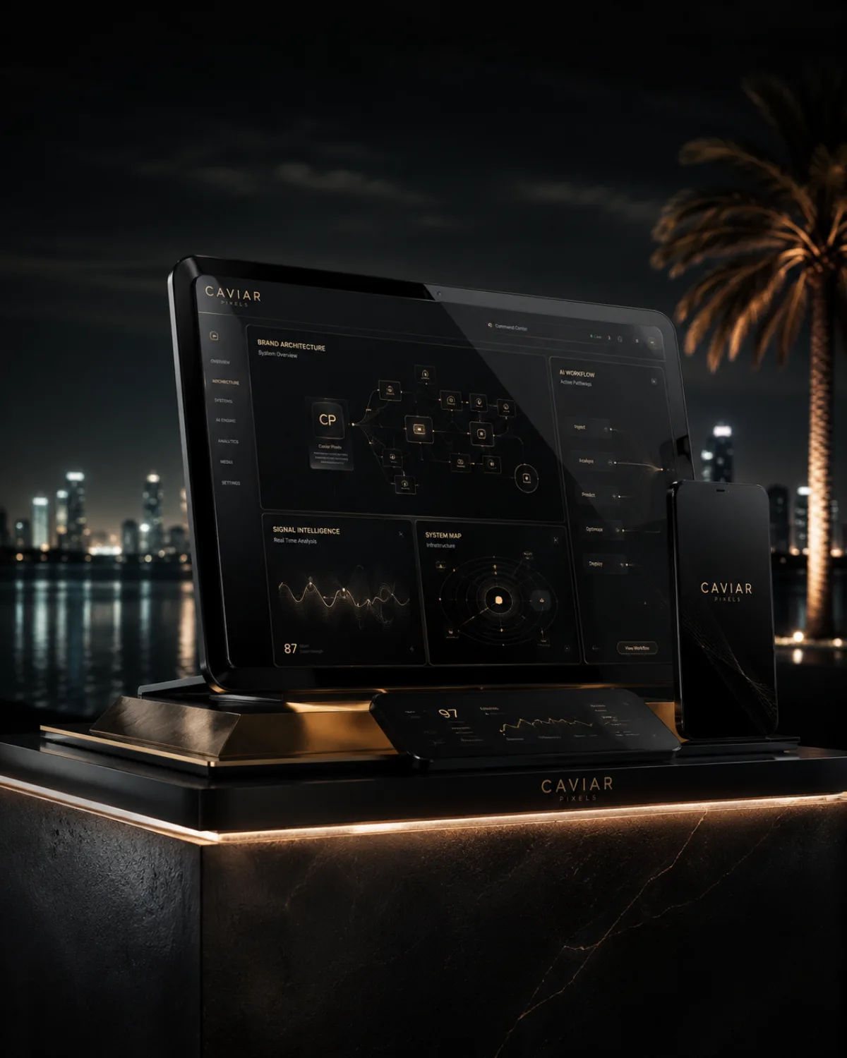 The Caviar Pixels command centre on a lit marble plinth against the Miami skyline at night.